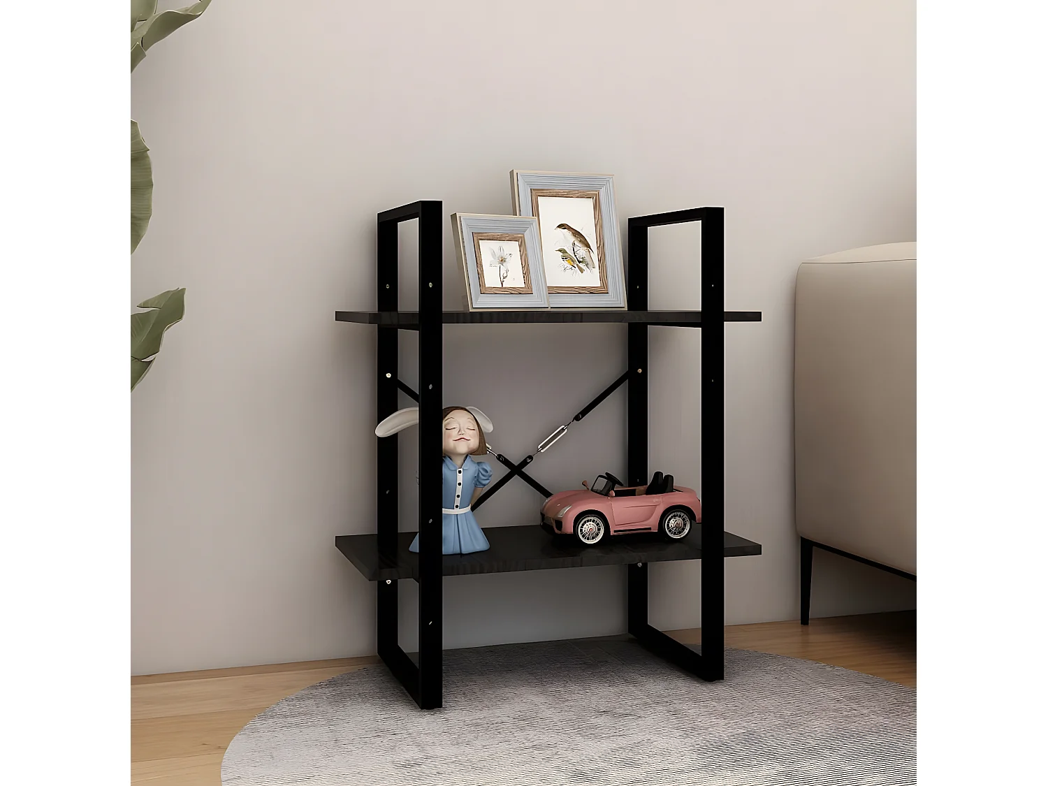 Estantería 2 niveles madera maciza de pino negra 60x30x70 cm