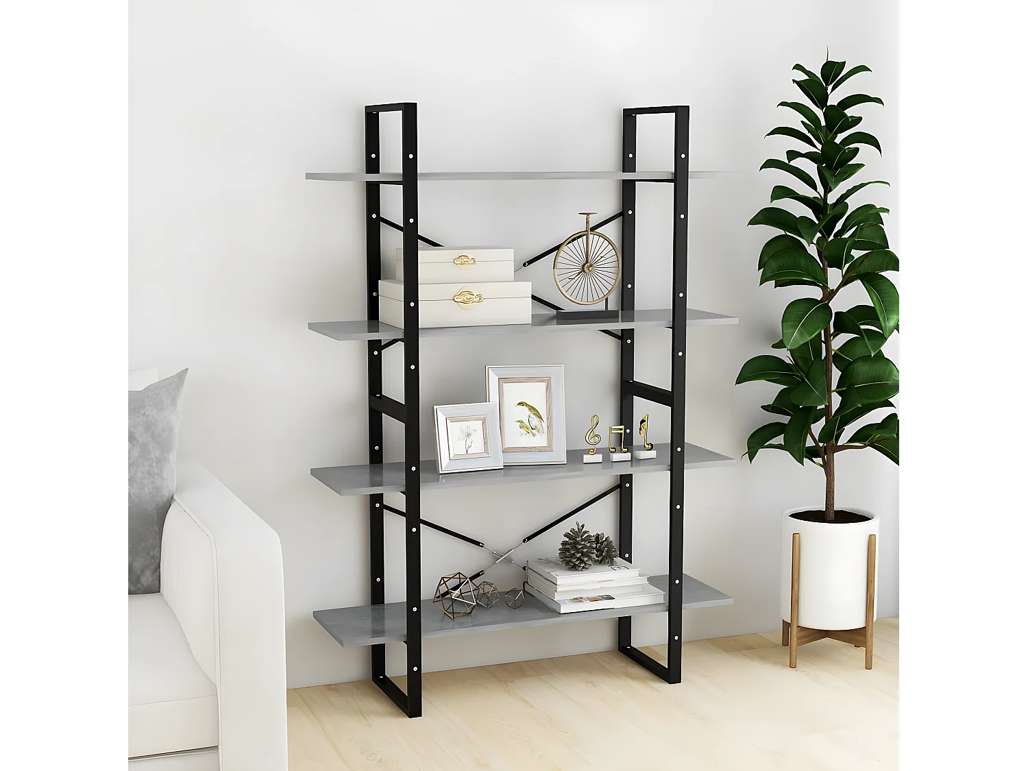 Bibliothèque à 4 niveaux Gris béton 100x30x140 cm Aggloméré