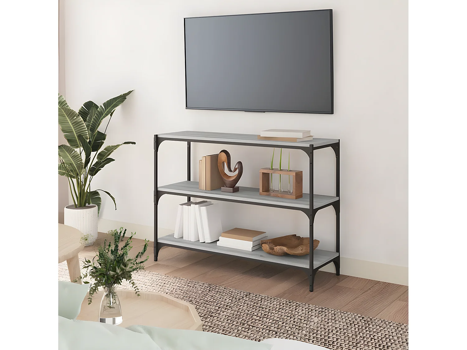 Boekenkast 100x33x70,5 cm hout en staal grijs sonoma eikenkleur