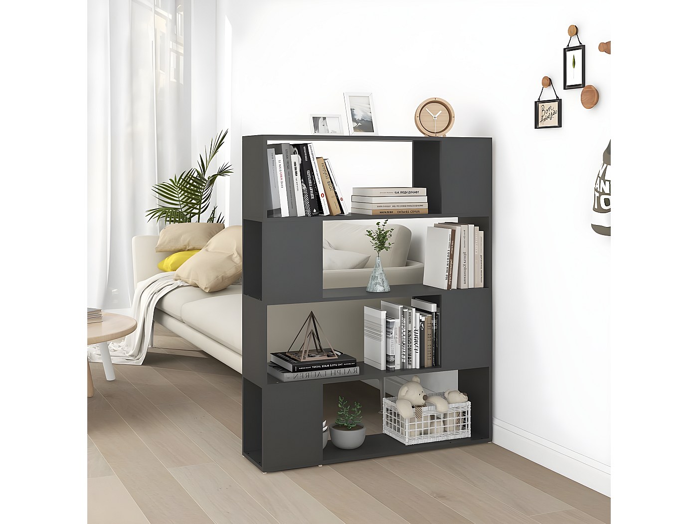 Bibliothèque/étagère Gris Béton - 100x30x72 Cm, 2 étagères, En Bois, Séparateur De Pièce