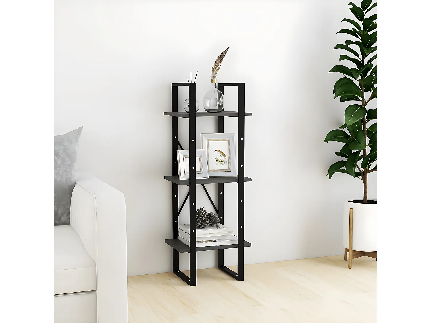 Bibliothèque à 3 niveaux Gris 40x30x105 cm Bois de pin massif