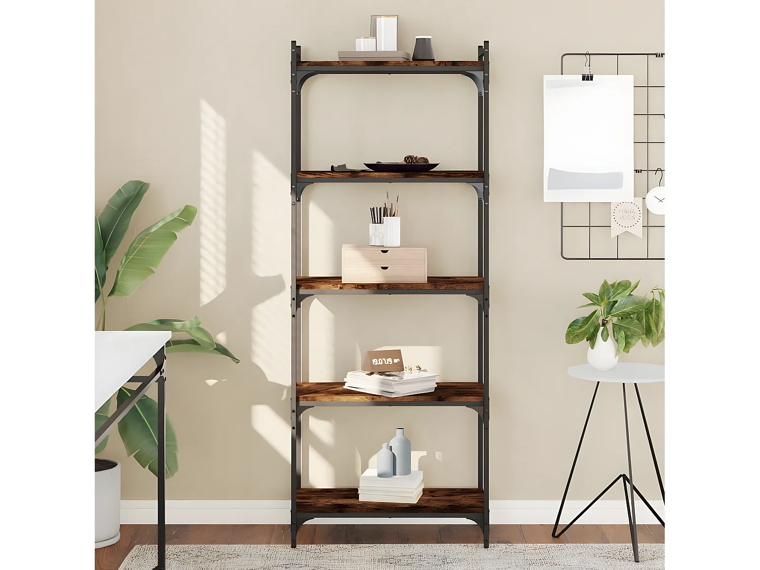 Bibliothèque 5 niveaux chêne fumé 60x30x154cm bois d'ingénierie