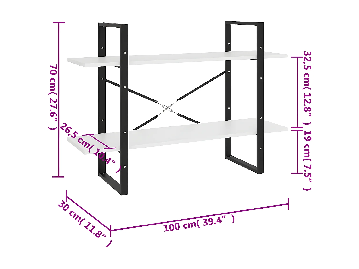 Estante com 2 prateleiras 100x30x70 cm contraplacado branco