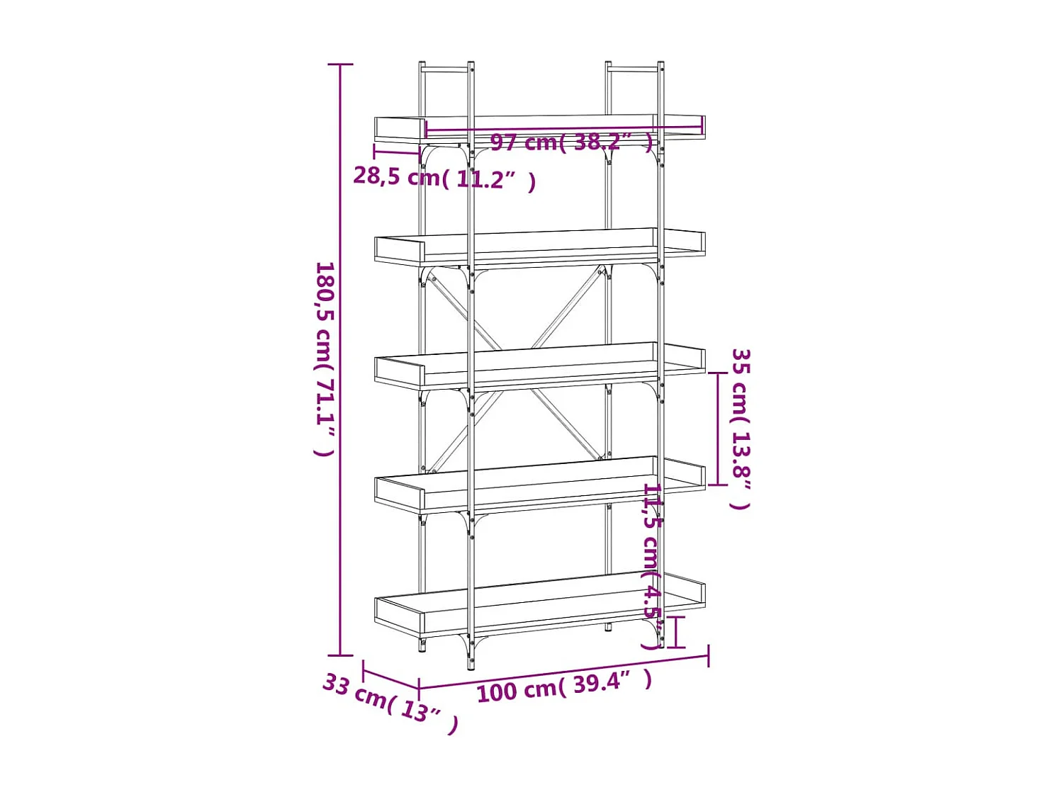 Librería 5 estantes madera de ingeniería negro 100x33x180,5 cm