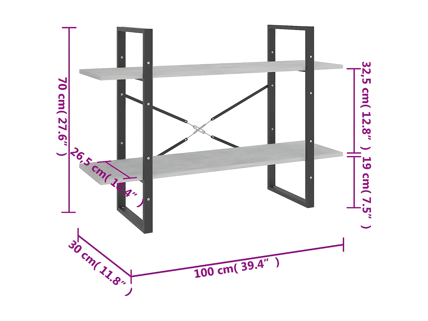 Estantería de 2 niveles contrachapada gris hormigón 100x30x70cm