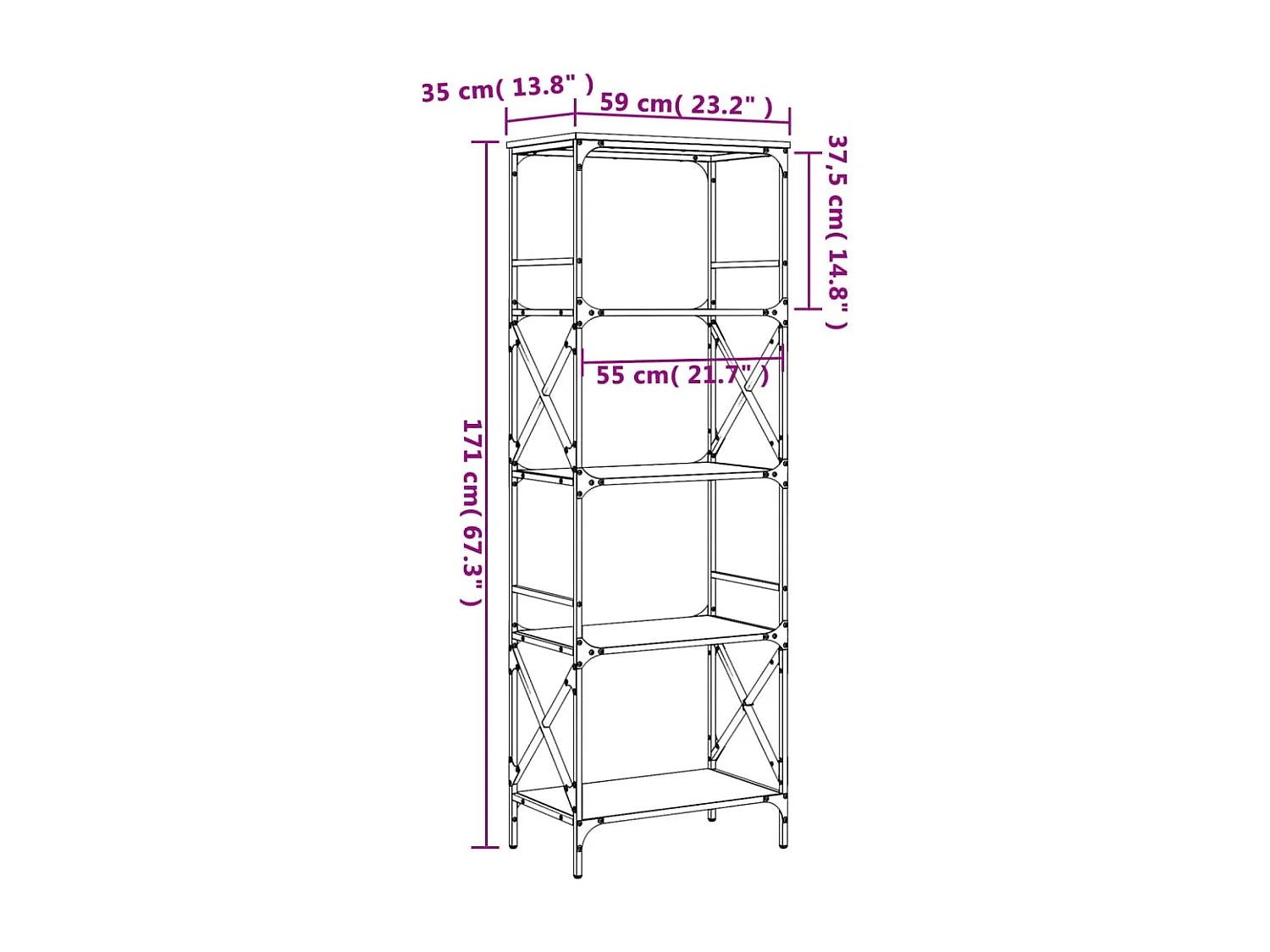 Librería 5 estantes madera ingeniería gris Sonoma 59x35x171 cm