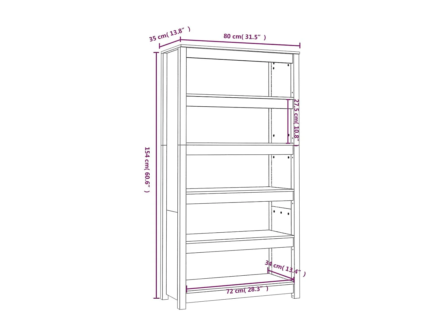Boekenkast 80x35x154 cm massief grenenhout wit