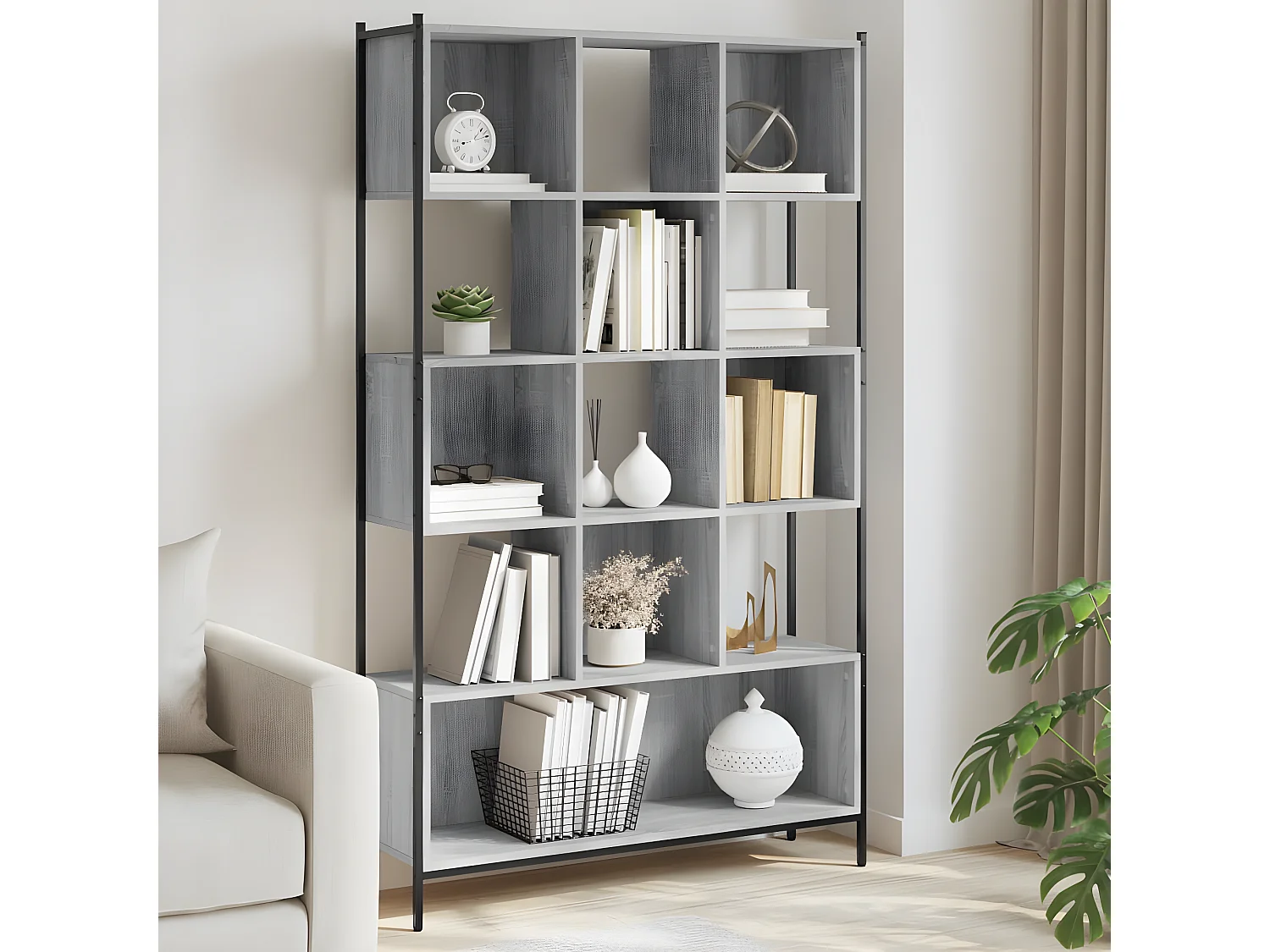 Boekenkastukken102x28x172 cm bewerkt hout grijs sonoma eikenkleurig