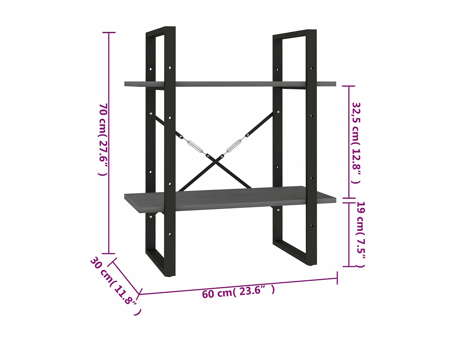 Boekenkastukkenmet 2 schappen 60x30x70 cm massief grenenhout grijs