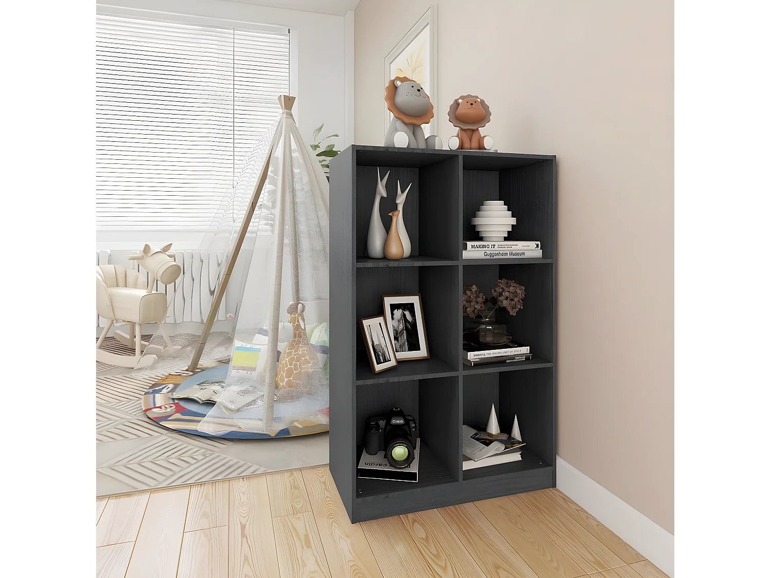 Estantería de madera maciza de pino gris 70x33x110 cm