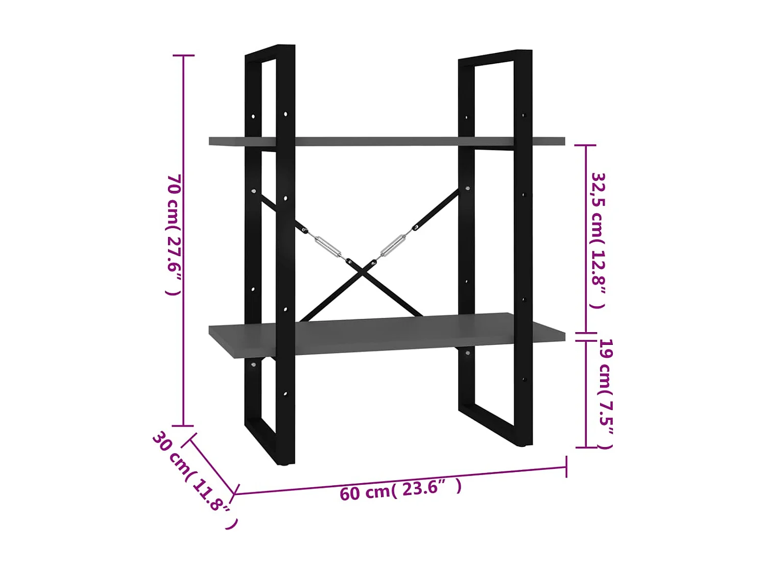 Boekenkast met 2 schappen 60x30x70 cm bewerkt hout grijs