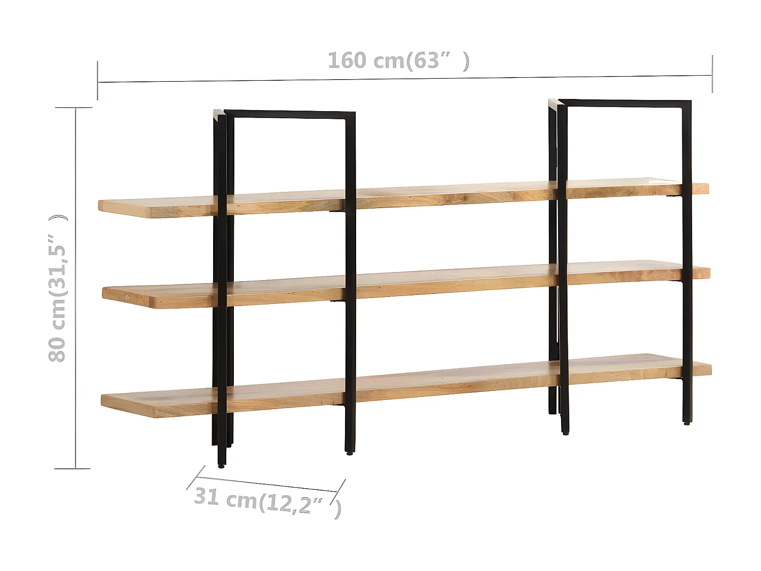 Estante com 3 prateleiras 160x31x80 cm madeira mangueira maciça