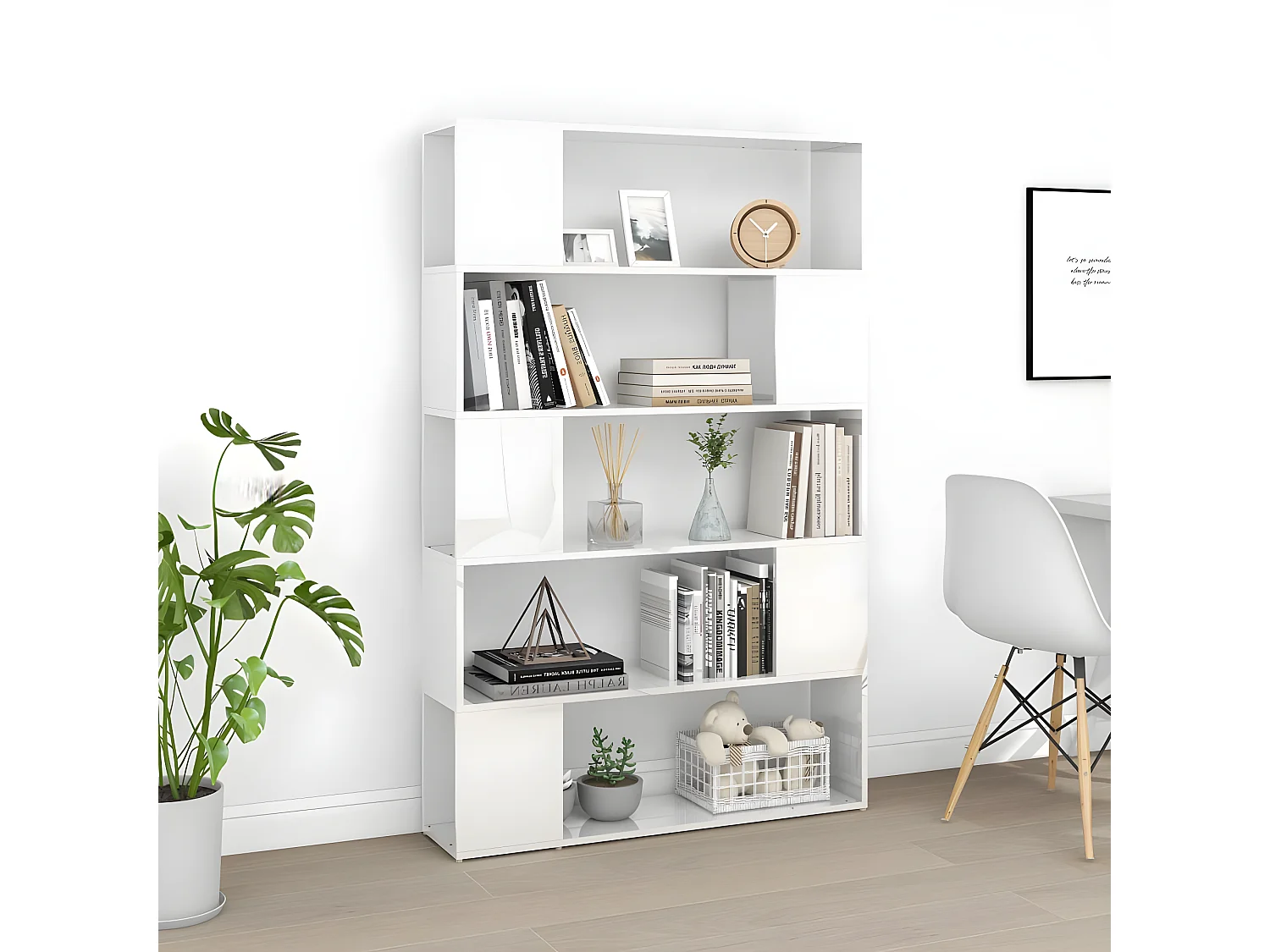 Bibliothèque séparateur de pièce blanc brillant bois ingénierie