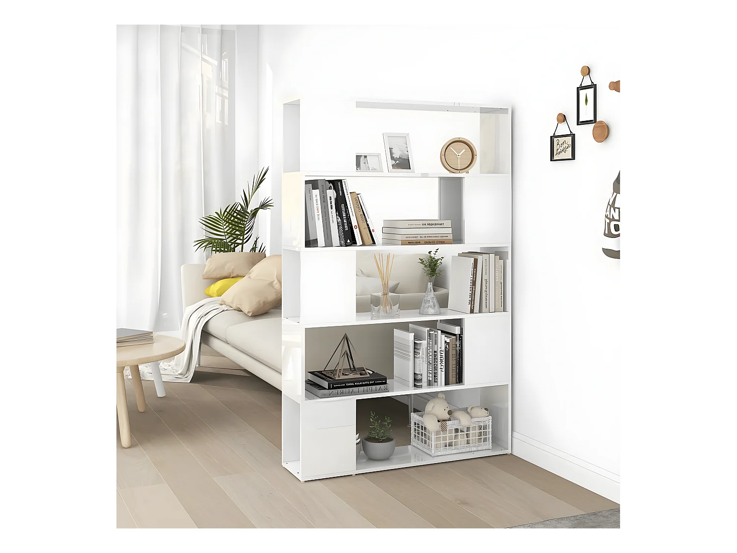 Bibliothèque séparateur de pièce blanc brillant bois ingénierie