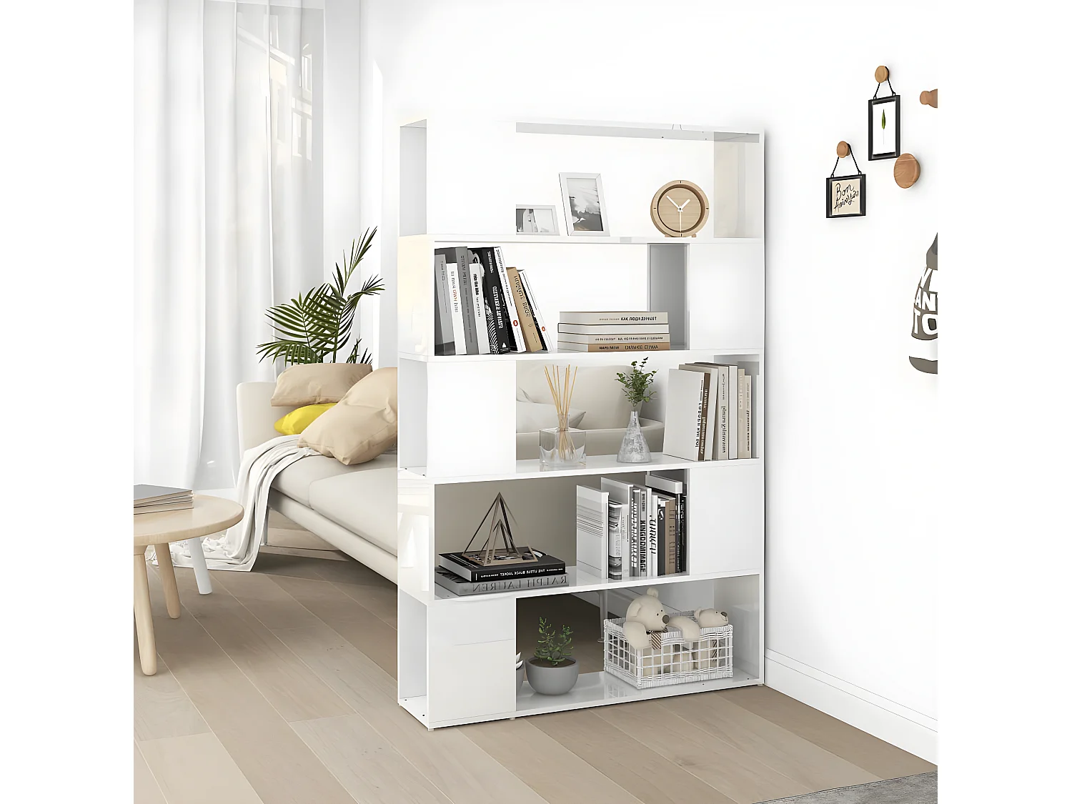 Bibliothèque séparateur de pièce blanc brillant bois ingénierie