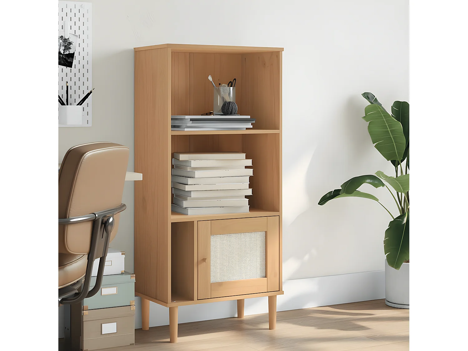 Bibliothèque SENJA aspect de rotin marron bois massif de pin