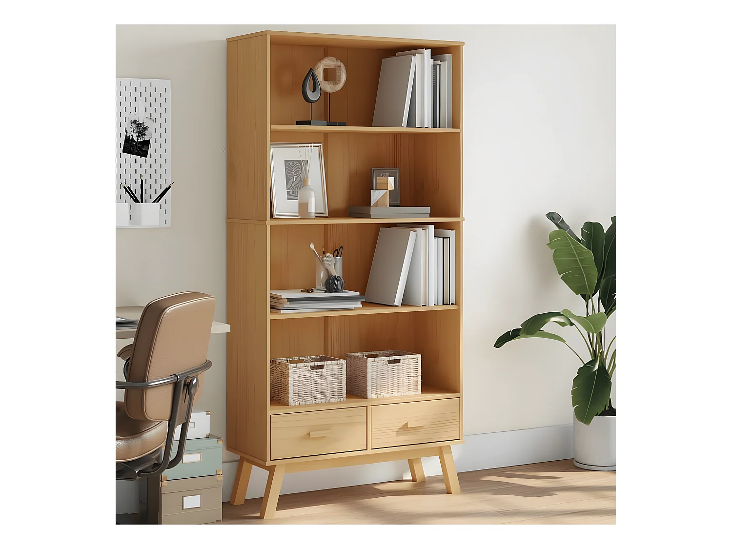 Bibliothèque à 4 niveaux OLDEN marron bois de pin massif