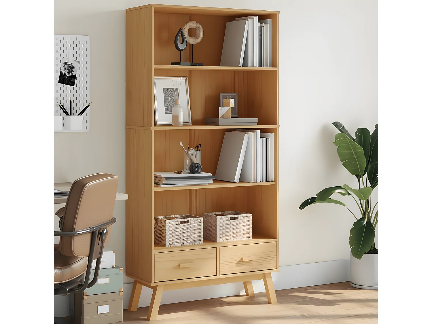 Bibliothèque à 4 niveaux OLDEN marron bois de pin massif