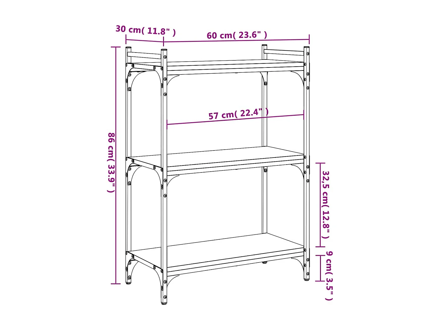 Bibliothèque 3 niveaux chêne brun 60x30x86 cm bois d'ingénierie
