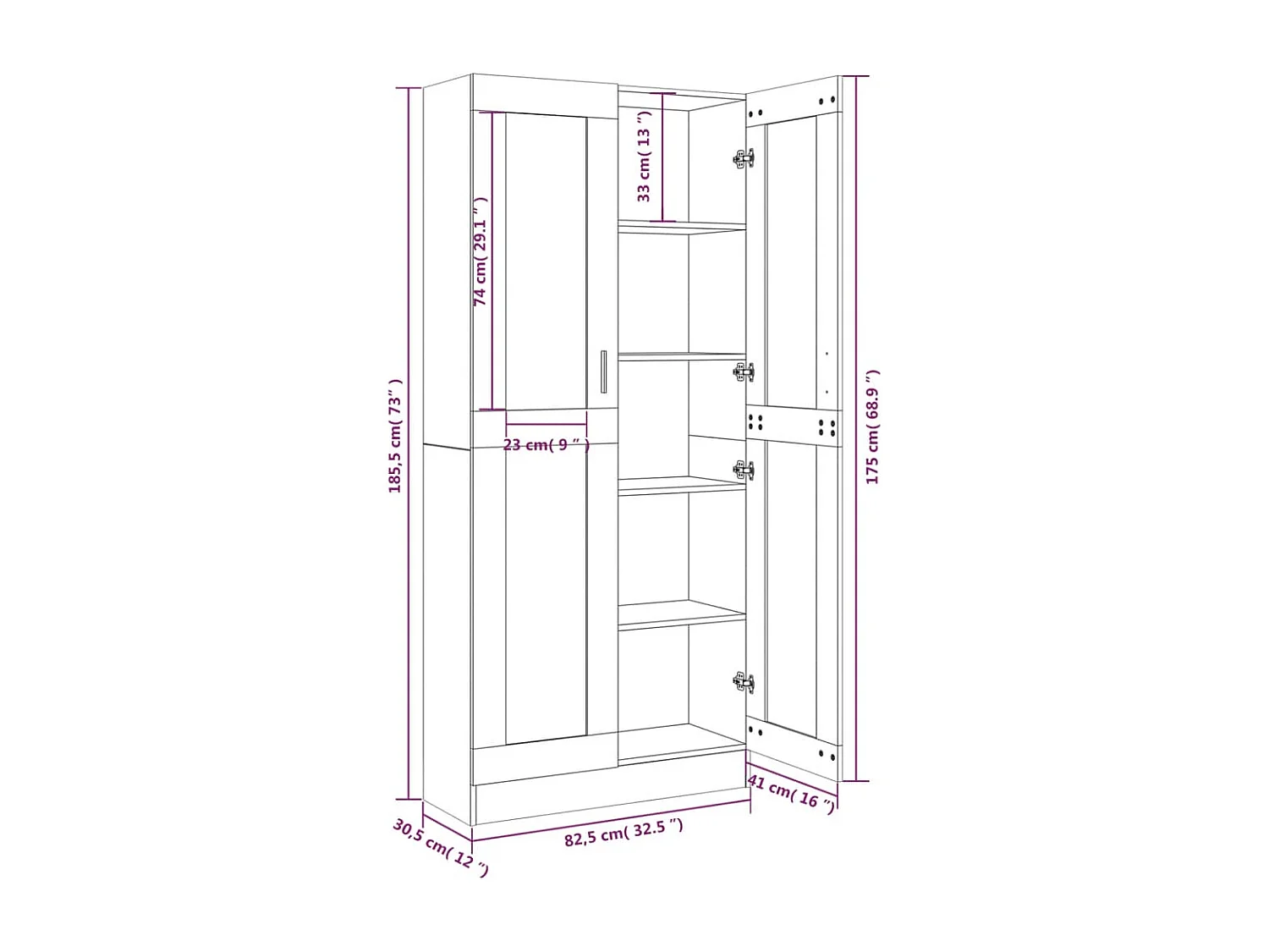 Vitrine 82,5x30,5x185,5 cm derivados madeira carvalho castanho