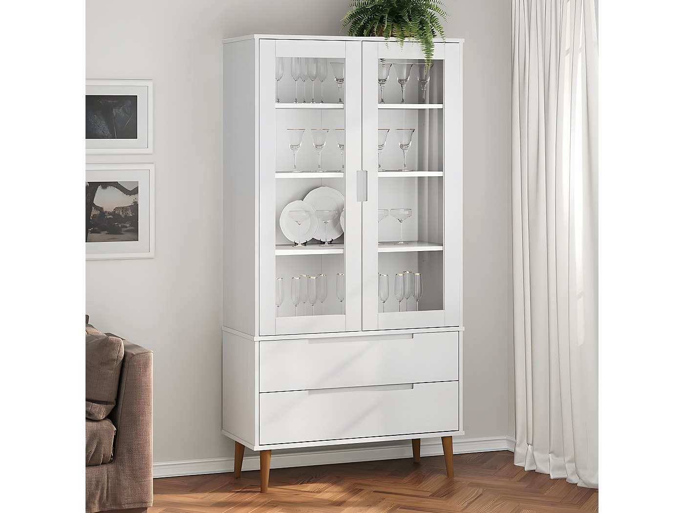 Armoire Vitrine MOLDE – Blanc 90x35x175 Cm – Pin Massif Vernis UV – 2 Tiroirs, 4 Compartiments Vitrés
