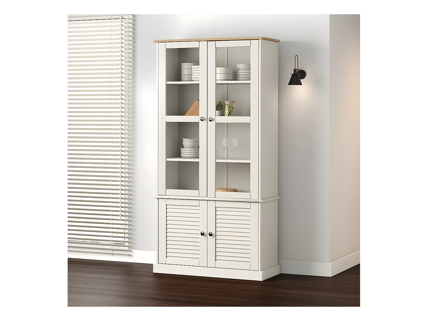 Armario con vitrina VIGO madera maciza pino blanco 85x35x170 cm