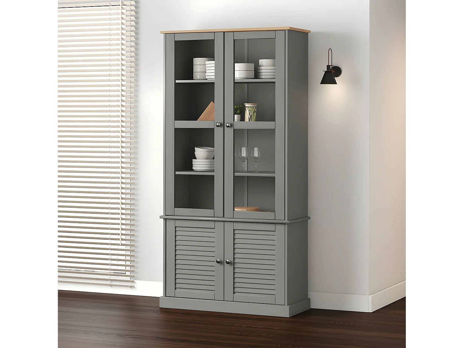 Vitrine en verre VIGO gris 85x35x170 cm bois massif de pin