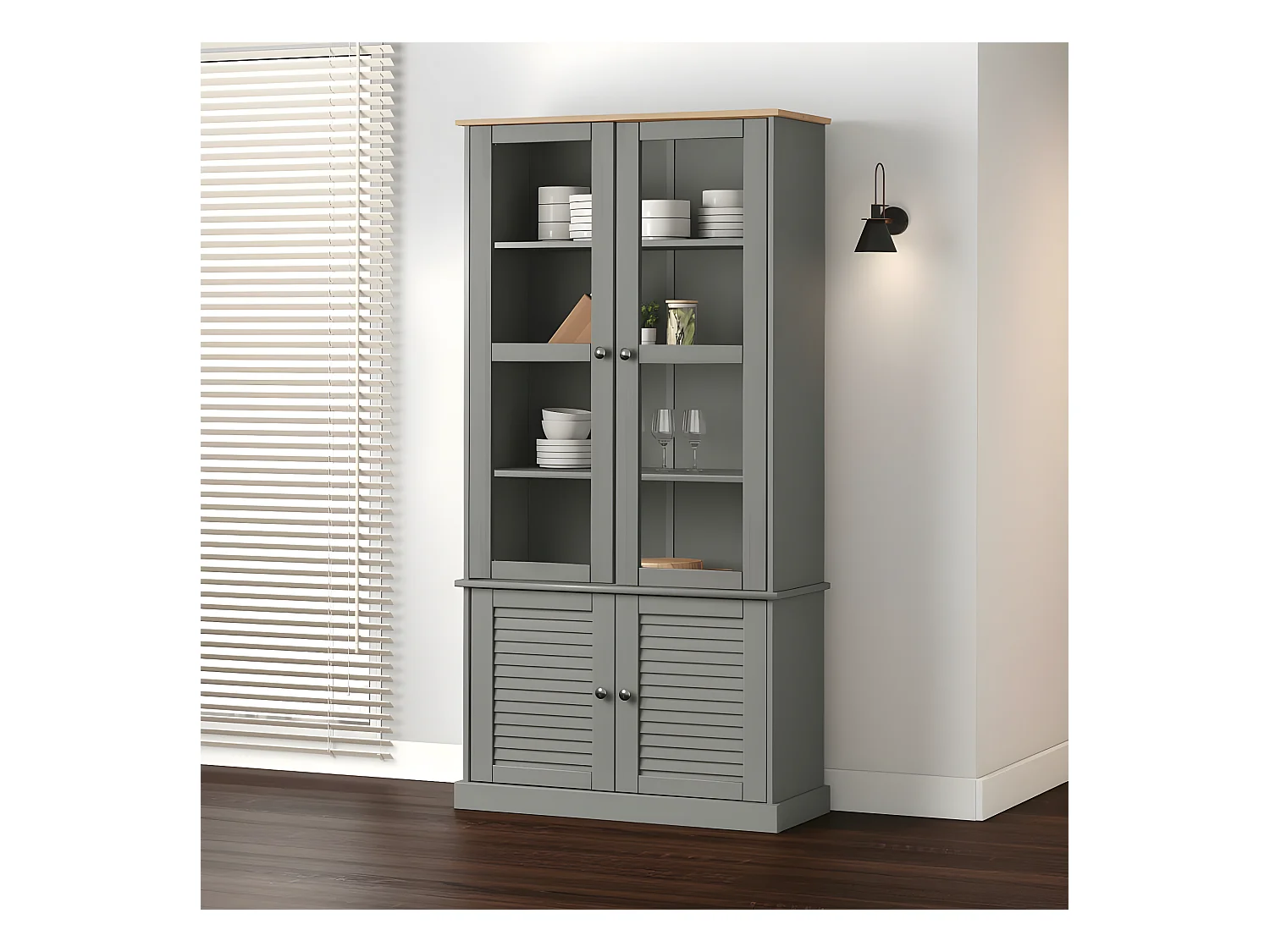 Vitrine en verre VIGO gris 85x35x170 cm bois massif de pin