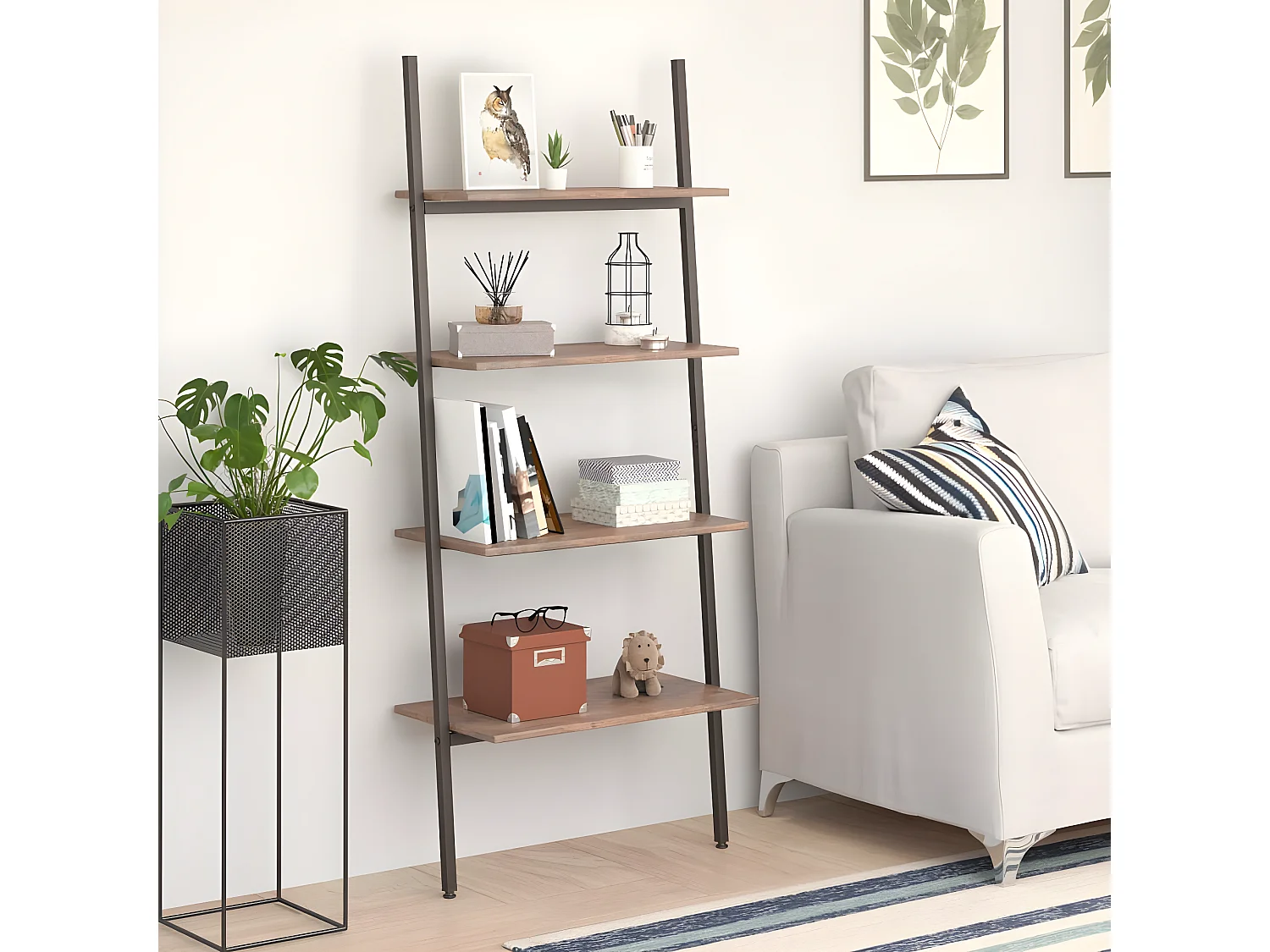 Étagère inclinée à 4 niveaux Marron foncé et noir 64x34x150,5cm