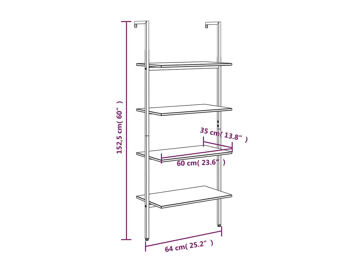 Étagère inclinée 4 niveaux Marron clair et noir 64x35x152,5 cm