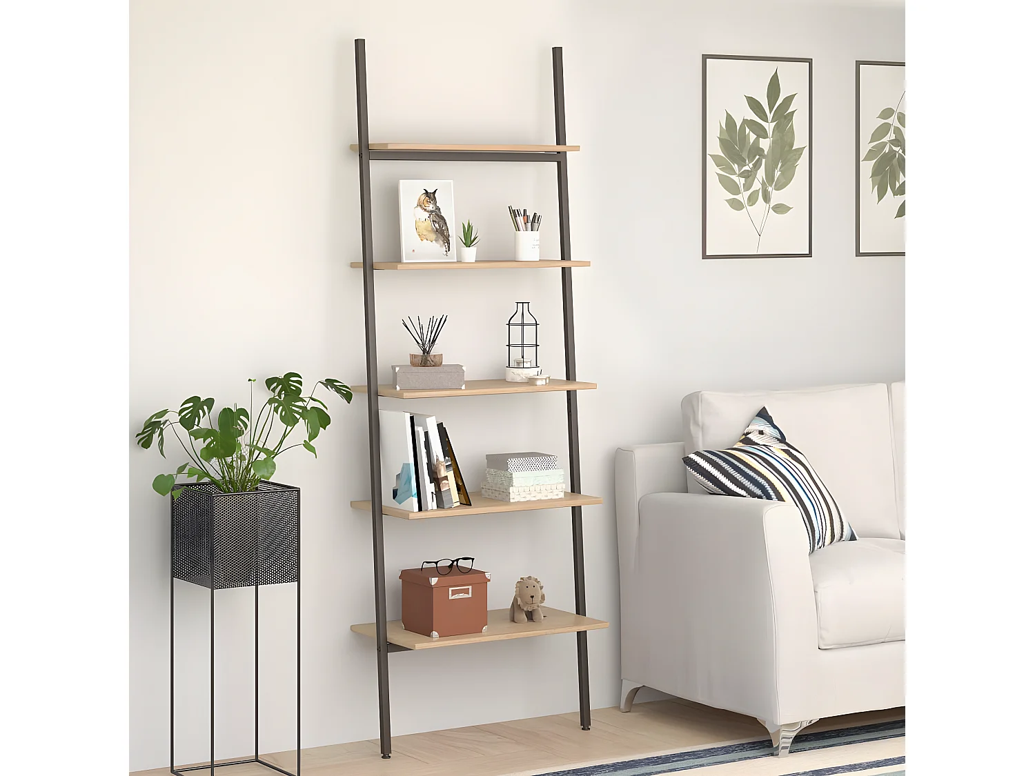 Étagère inclinée à 5 niveaux Marron clair et noir 64x34x185,5cm