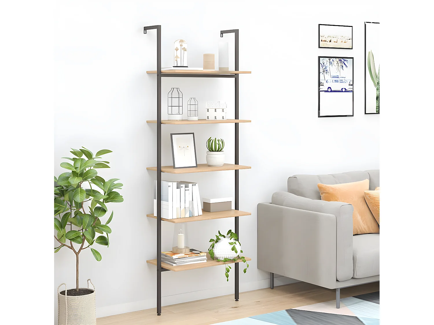 Étagère inclinée 5 niveaux Marron clair et noir 64x35x185 cm