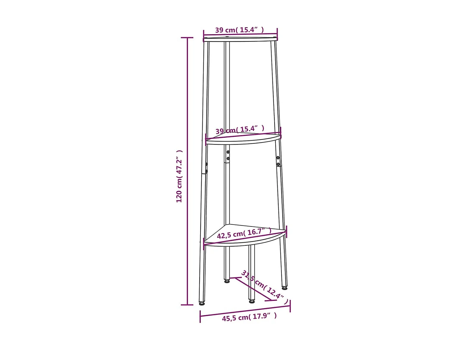 Estantería esquina 3 pisos marrón oscuro negro 45,5x31,5x120 cm