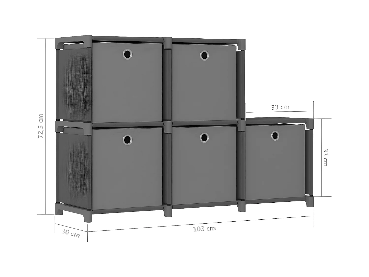 Étagère d'affichage 5 cubes et boîtes Gris 103x30x72,5 cm Tissu