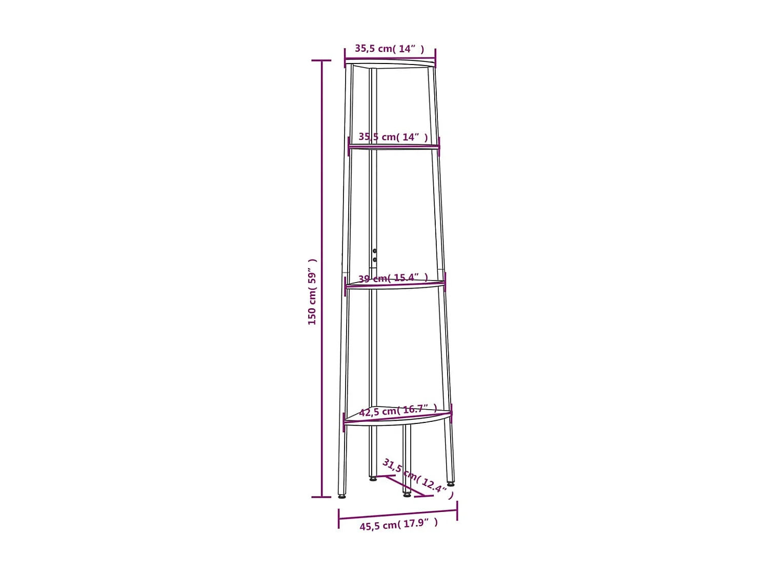Hoekkastje met 4 schappen 45,5x31,5x150 cm donkerbruin en zwart