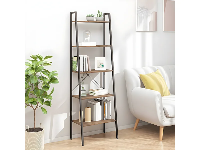 Ladderrek met 5 schappen 56x35x174 cm donkerbruin en zwart