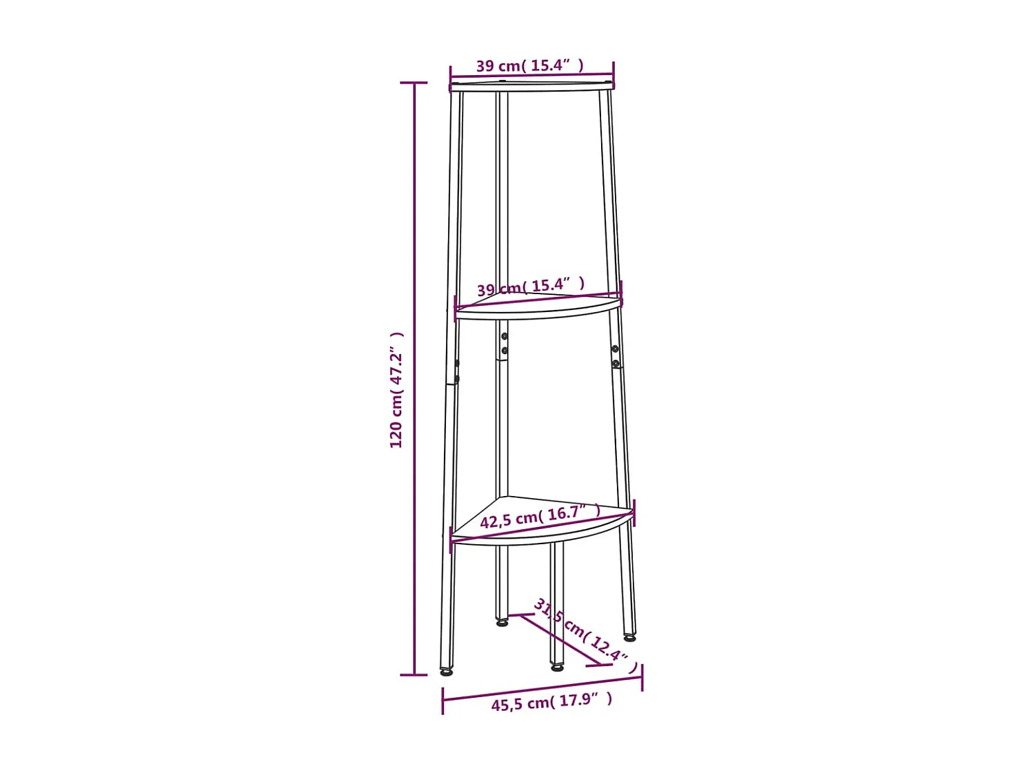 Étagère d'angle 3 niveaux Marron clair et noir 45,5x31,5x120 cm