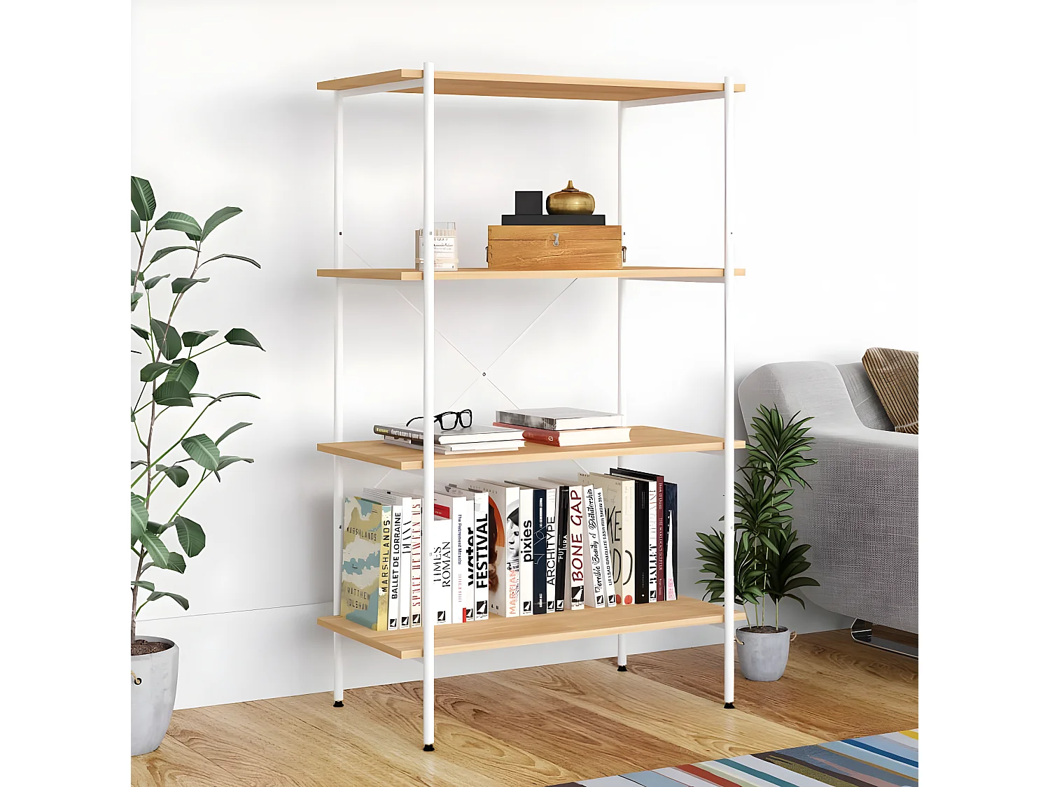 Étagère à 4 niveaux Blanc et chêne 80x40x130 cm