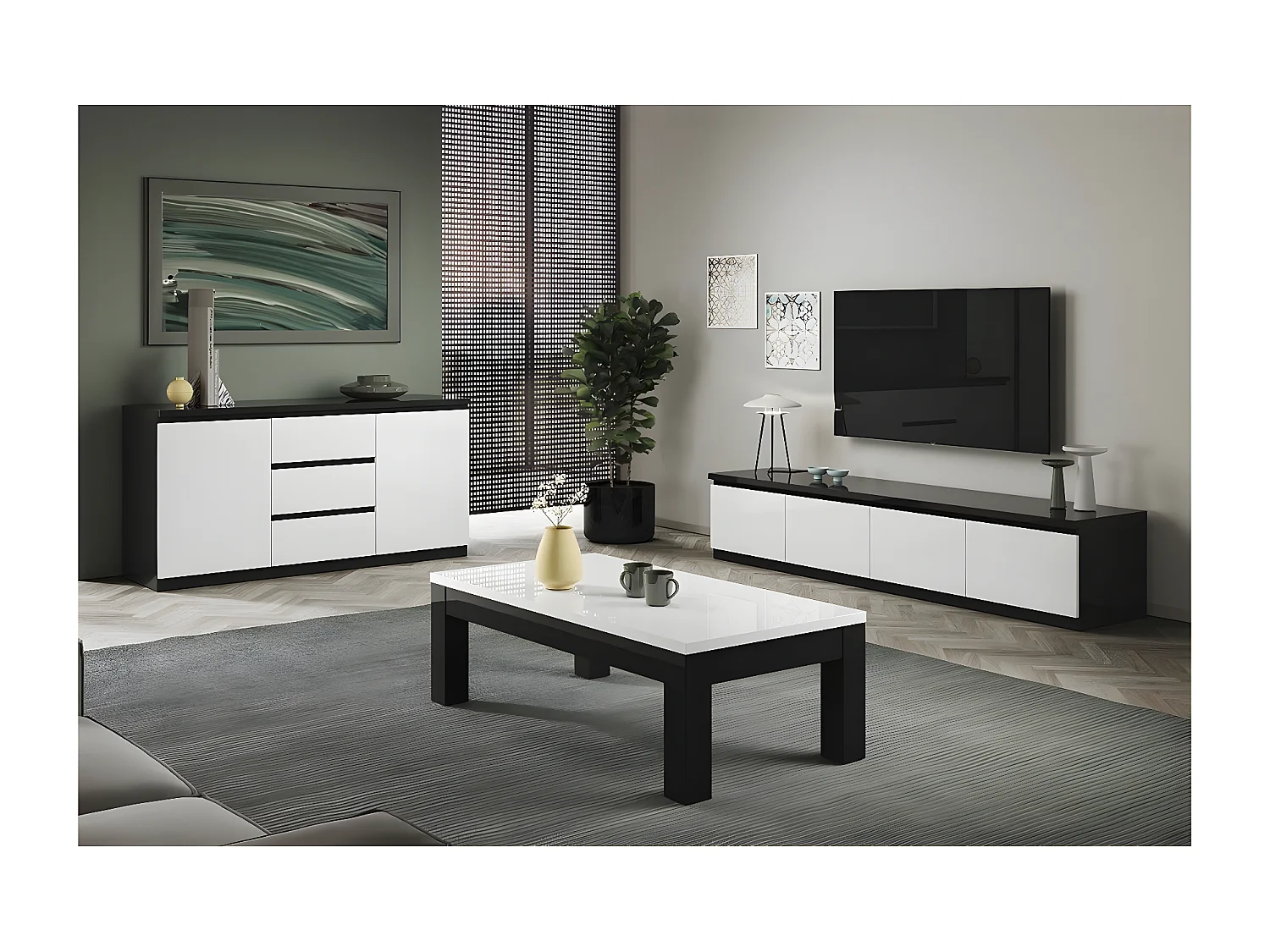 DEYTON - Ensemble Salon Laqué Noir et Blanc Meuble TV 4 Portes + Table Basse 127cm + Buffet