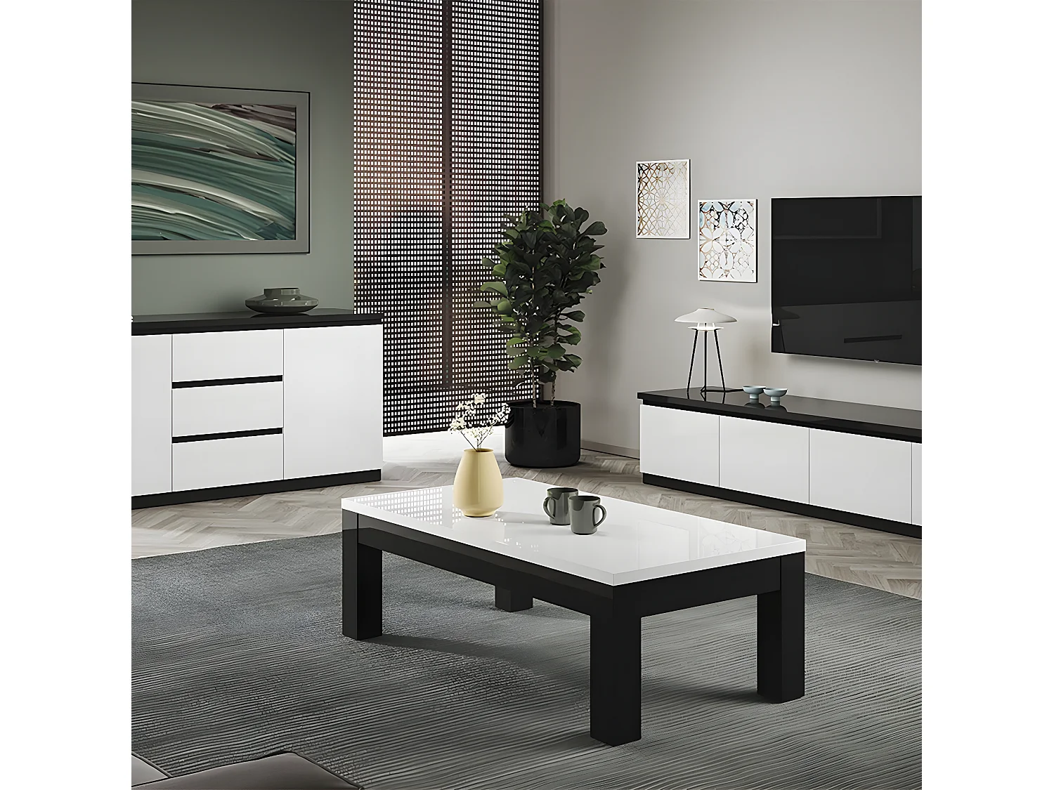 DEYTON - Ensemble Salon Laqué Noir et Blanc Meuble TV 4 Portes + Table Basse 127cm + Buffet