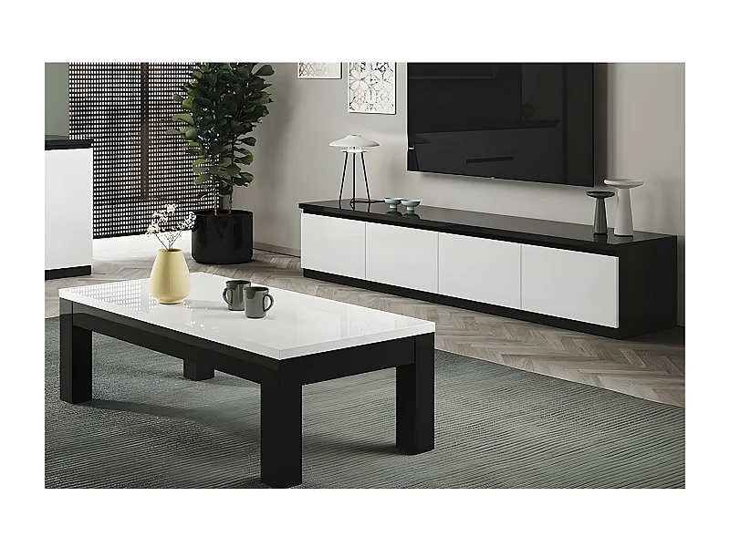 DEYTON - Ensemble Salon Laqué Noir et Blanc Meuble TV 4 Portes + Table Basse 127cm