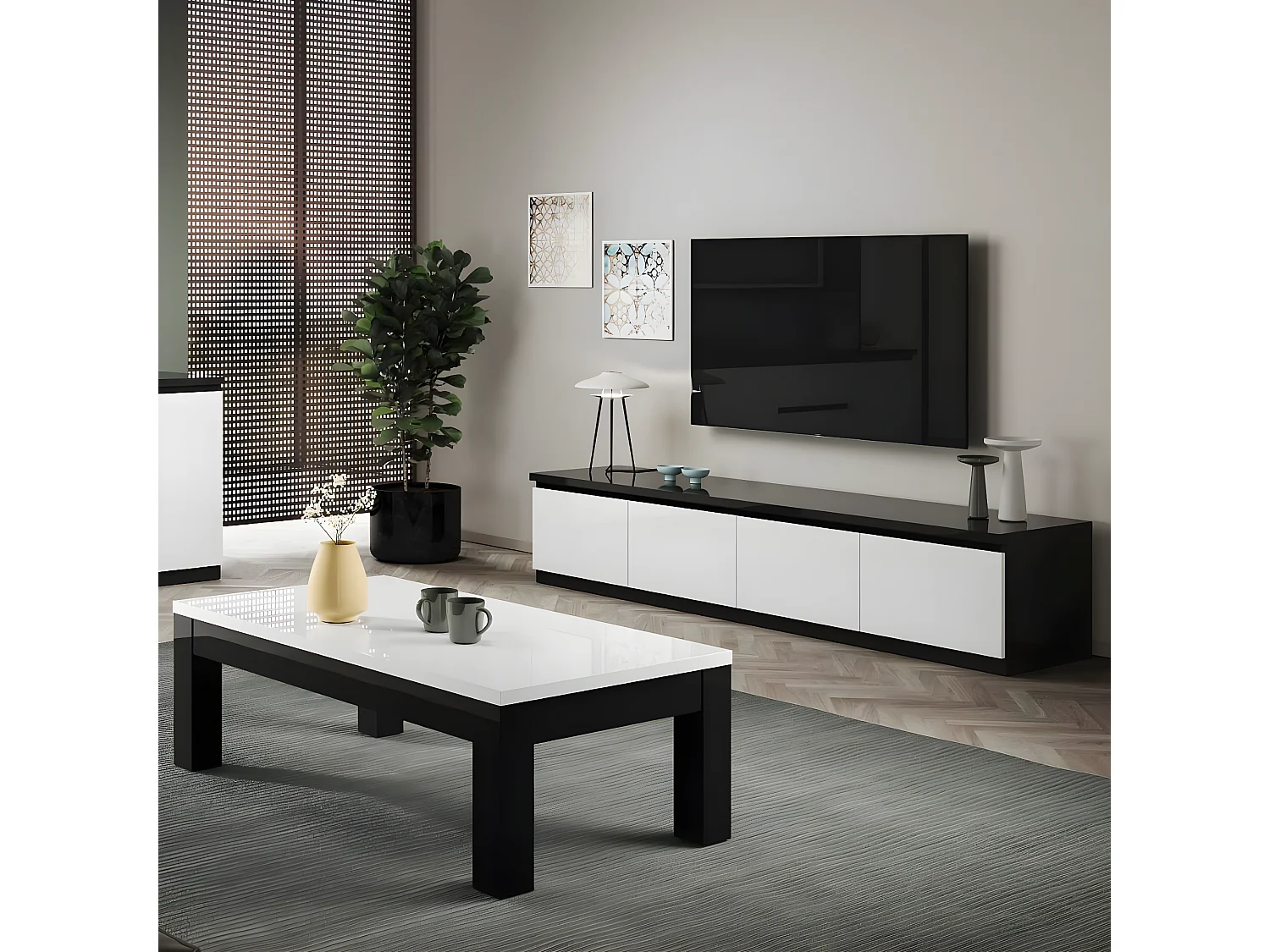 DEYTON - Ensemble Salon Laqué Noir et Blanc Meuble TV 4 Portes + Table Basse 127cm