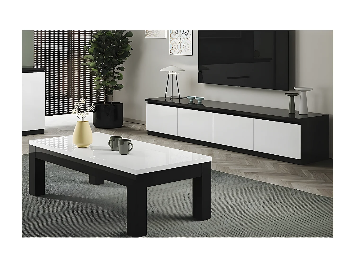 DEYTON - Ensemble Salon Laqué Noir et Blanc Meuble TV 4 Portes + Table Basse 127cm