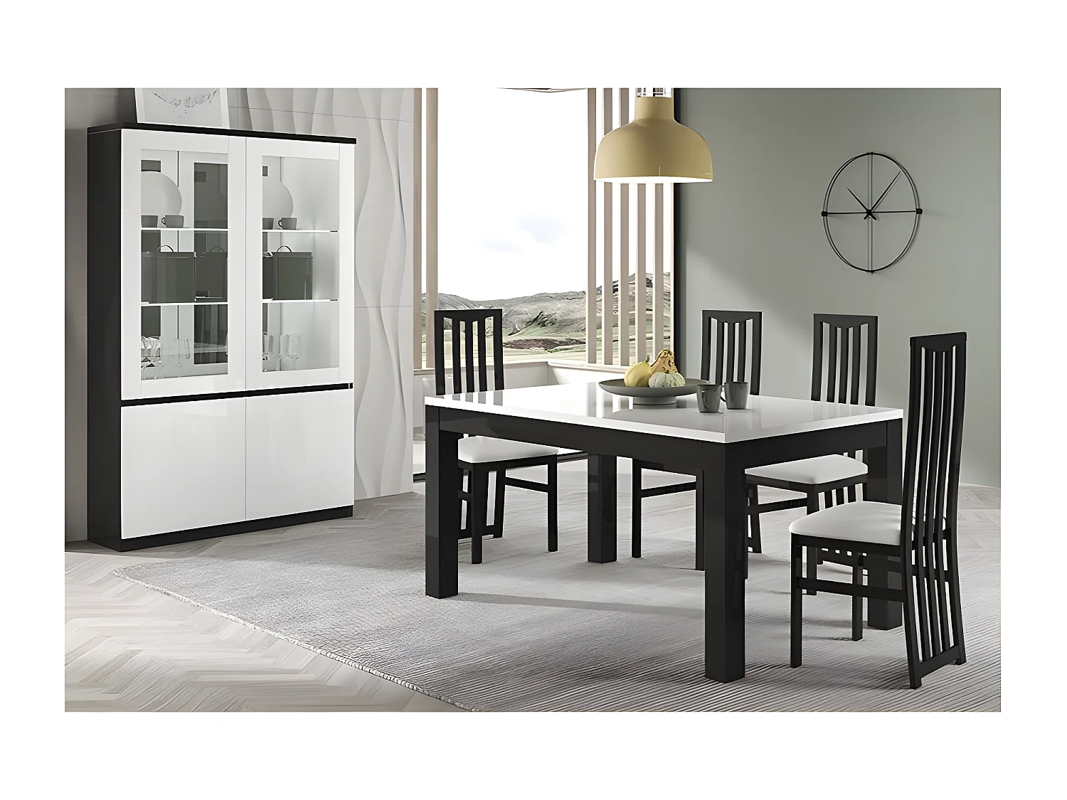 DEYTON - Ensemble Séjour Laqué Noir et Blanc Table 160cm + Vitrine avec Leds