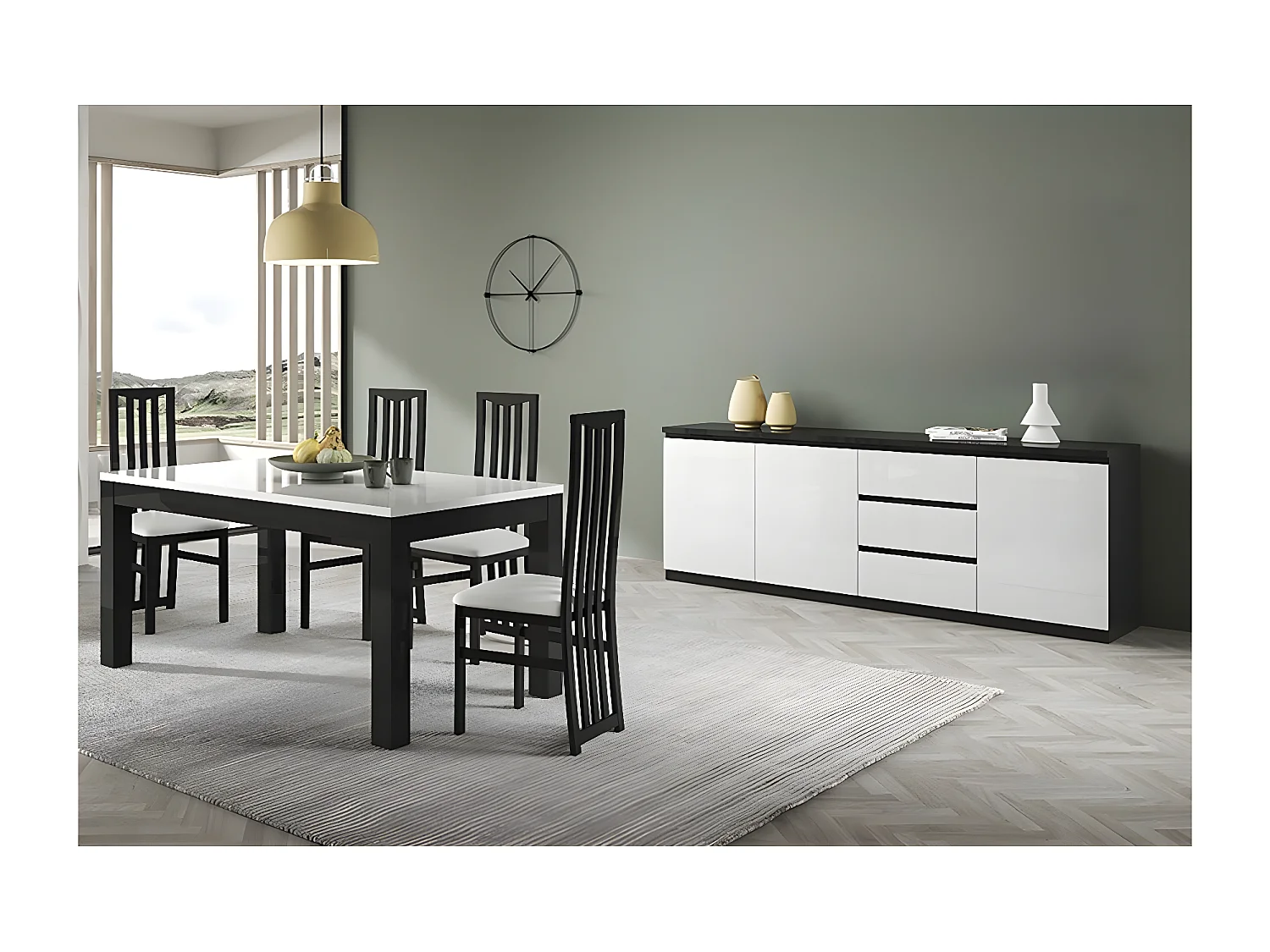 DEYTON - Ensemble Séjour Laqué Noir et Blanc Table 160cm + Buffet 3 Portes