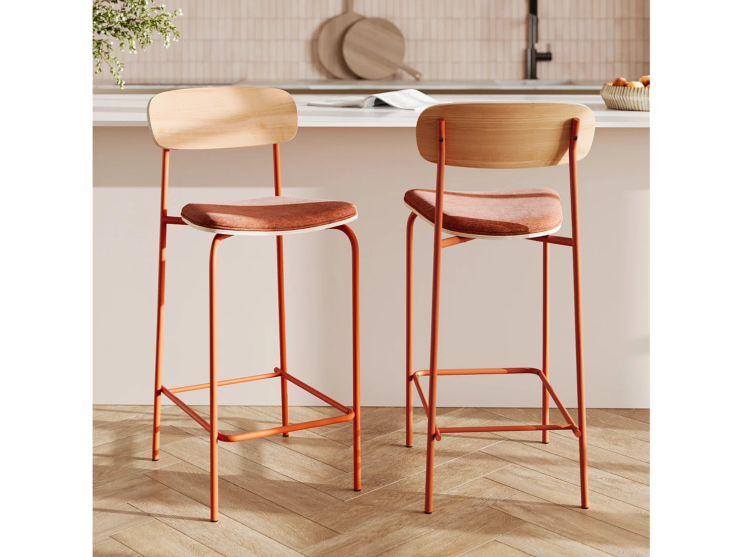 Set di 2 sedie da bar in tessuto terracotta 65 cm - Alba