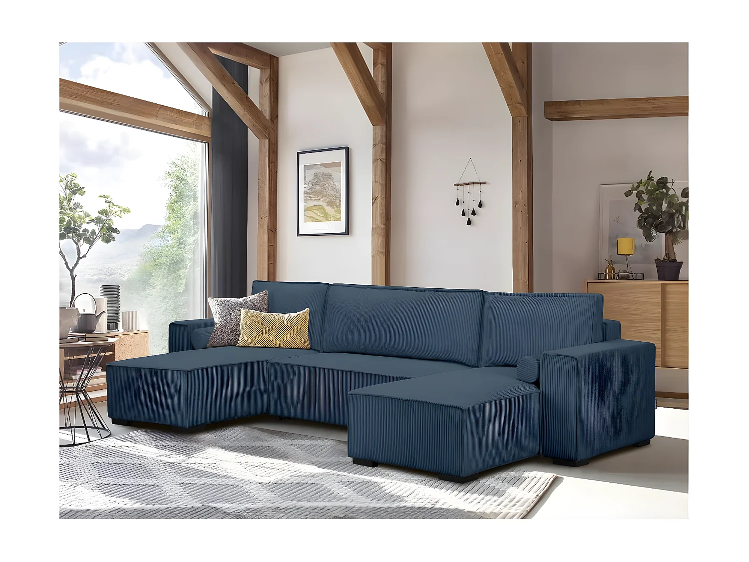 Canapé panoramique 5 places Clarence convertible avec coffre en velours côtelé - Bleu foncé - L322 x P161 x H87cm - Loungitude