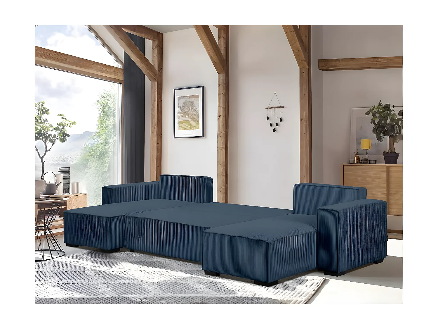Canapé panoramique 5 places Clarence convertible avec coffre en velours côtelé - Bleu foncé - L322 x P161 x H87cm - Loungitude