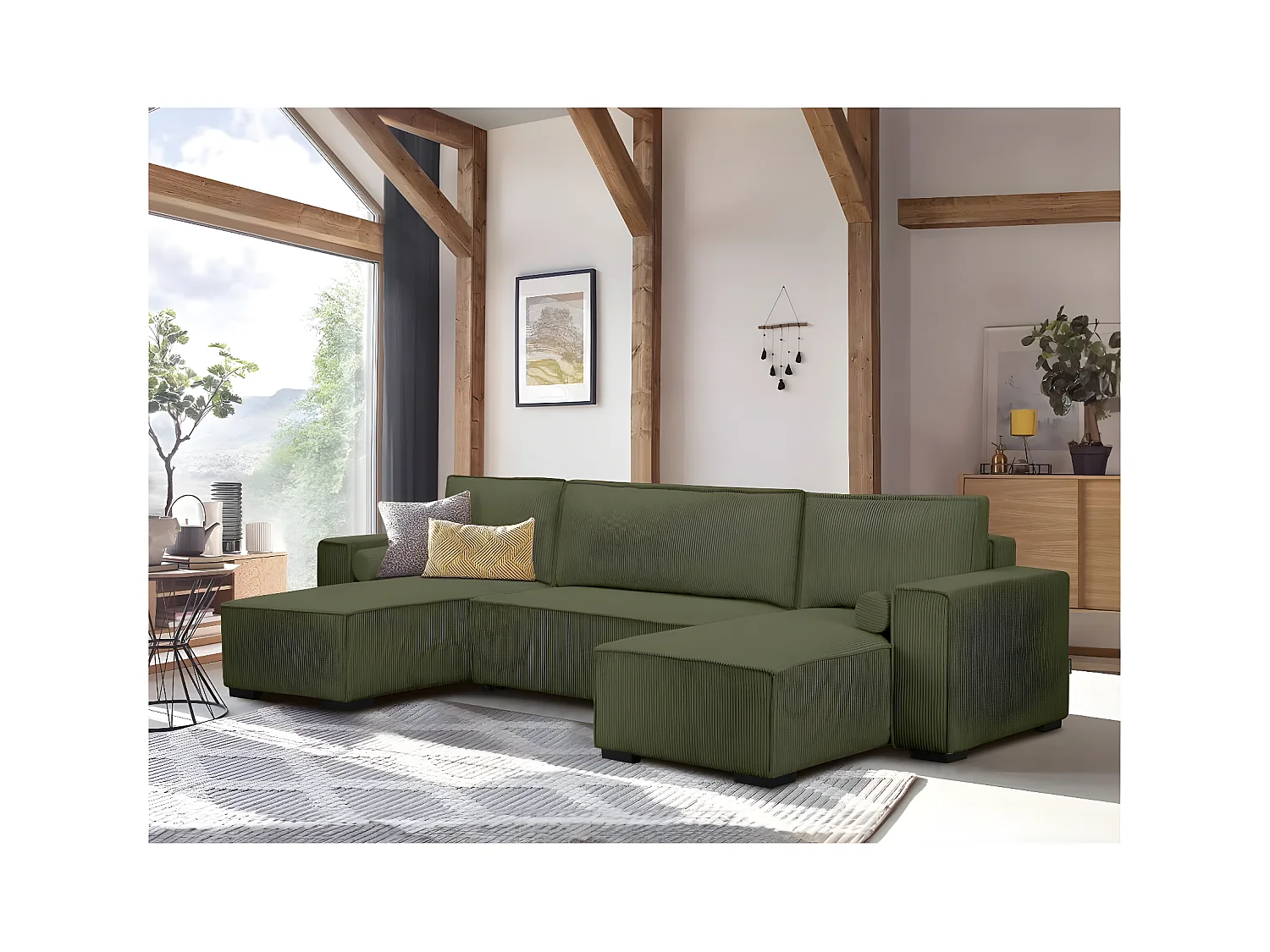 Canapé panoramique 5 places Clarence convertible avec coffre en velours côtelé - Vert foncé - L322 x P161 x H87cm - Loungitude