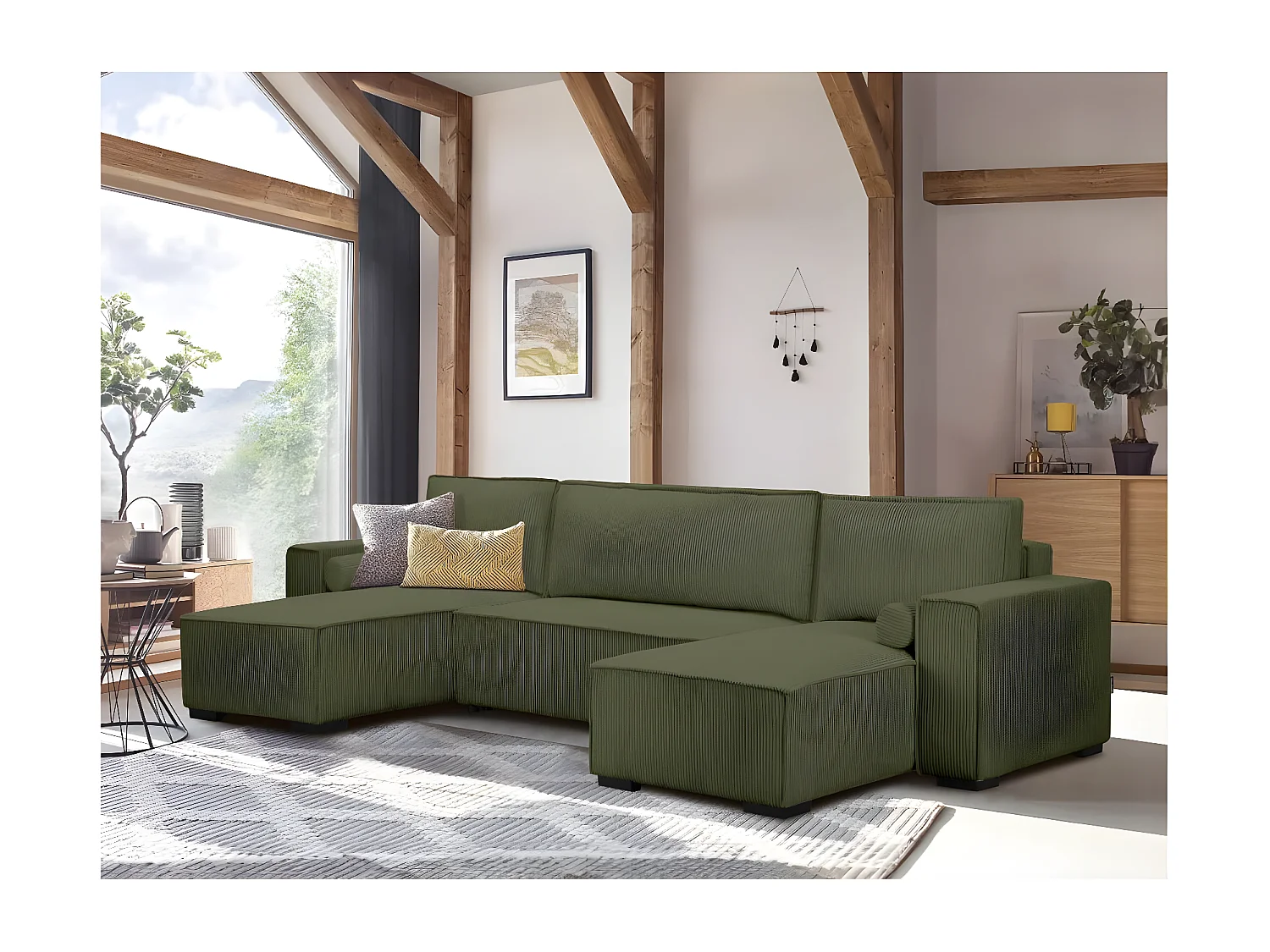 Canapé panoramique 5 places Clarence convertible avec coffre en velours côtelé - Vert foncé - L322 x P161 x H87cm - Loungitude